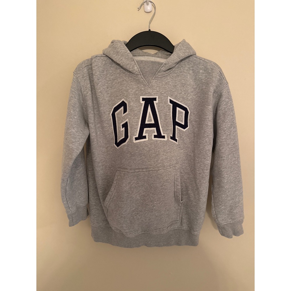 Gap Teen Logo Hoodie Gray Navy Blue Fleece Pullover Size 12 Kids Boys Girls